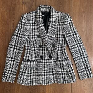 Zara Tweed Black and White Plaid Double-Breasted Blazer